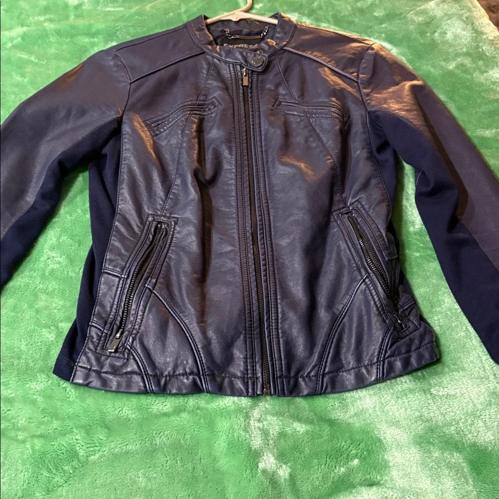 Express Dark Blue Leather Jacket - Picture 3 of 4